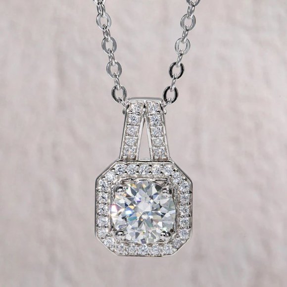 Jewelry - Certified 2ct. t.w. Moissanite Diamond Square Halo Pendant Necklace NEW